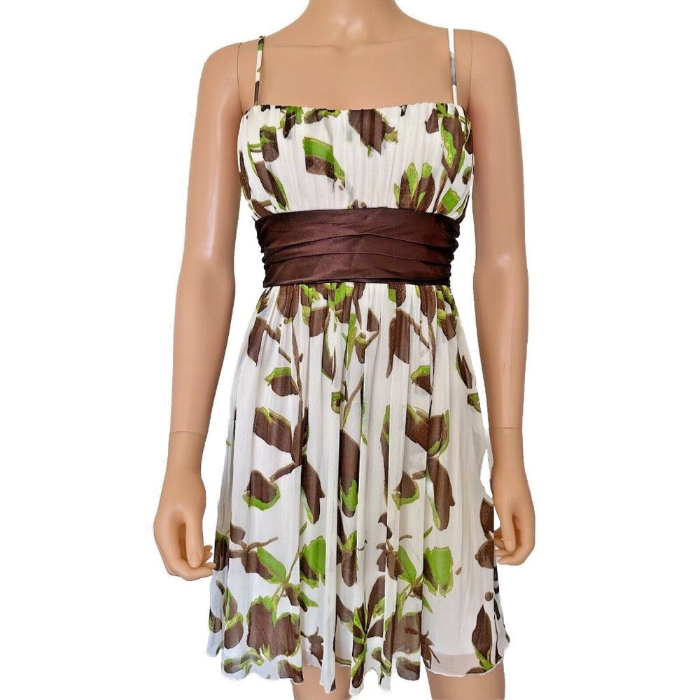 A-line Floral Medium Dress Chiffon Satin Bow Cream Green Brown Spaghetti Strap